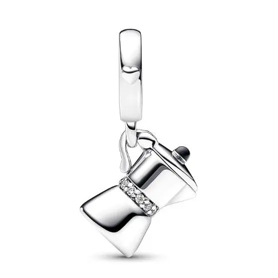 PANDORA Adorno Moka Pot Sterling Silver Dangle with Clear Cubic Zirconia and Black Enamel 792679C01 Marca，Viene con embalaje de caja de regalo original. - 1