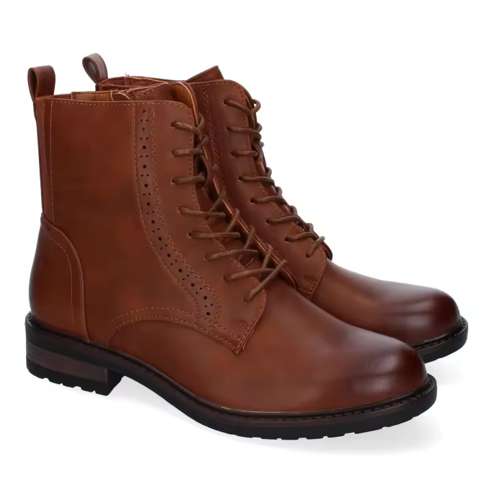 PuntoSalao Botines estilo militar tacón bajo para mujer color camel YZ24-003 - 1