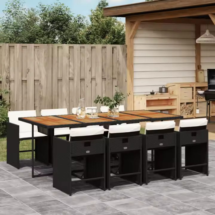 vidaXL Set de comedor de jardín 9 pzas y cojines ratán sintético negro - 1