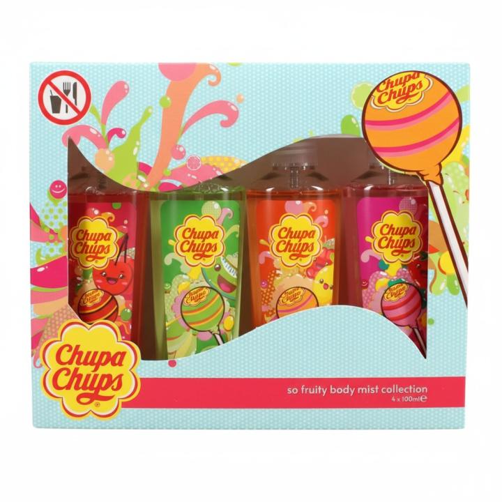 Set Body Mist Chupa Chups 4 x 100 ml. Incluye cuatro brumas corporales con aromas afrutados inspirados en sus sabores clásicos. Fragancia ligera y refrescante para uso diario. 🚚 Envíos a España 24/48 horas.