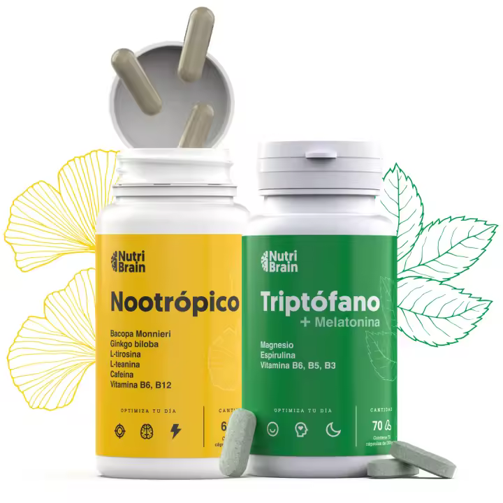 Energía y Descanso | Nootrópico Natural (60 Cápsulas) para energía, concentración y agilidad mental. Por la noche, el Triptófano con Melatonina y Espirulina (70 Comprimidos) favorece un sueño reparador y descanso profundo. - 1