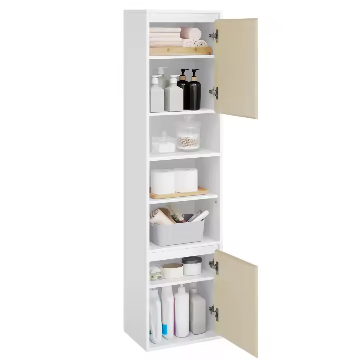 VASAGLE Armario de Baño, Armario Alto de Pared para Baño, Puertas con Dirección de Apertura Ajustable, 7 Compartimentos, 3 Estantes Ajustable, 30 x 40 x 160 cm, Blanco Nube y Beige Natural - 1