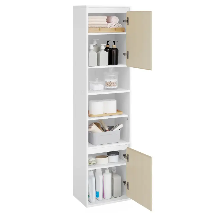 VASAGLE Armario de Baño, Armario Alto de Pared para Baño, Puertas con Dirección de Apertura Ajustable, 7 Compartimentos, 3 Estantes Ajustable, 30 x 40 x 160 cm, Blanco Nube y Beige Natural - 1