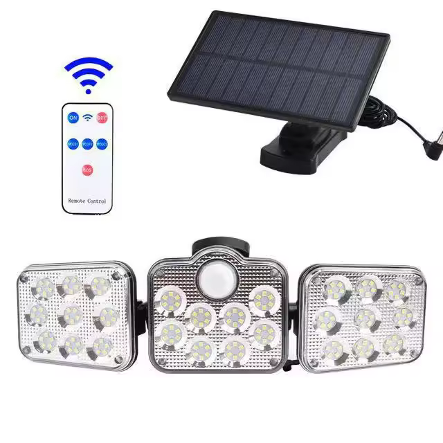 122LED de tres cabezas luz solar de pared luz solar de jardín luz de sensor de cuerpo humano al aire libre, luz solar de pared adecuada para jardines, patios y garajes - 1