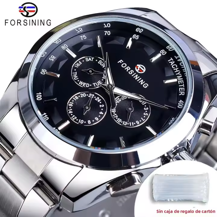 Reloj Mecánico Forsining Para Hombre Estilo Negocios Dial Negro Con Calendario Y Punteros Luminosos Acero Inoxidable Resistente Al Agua - 1