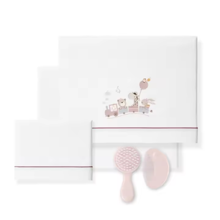 Conjunto 3Pcs Cama 60X120(Lençol152X102+Lençol B.120X60X12+Almofada60X30)-Algodão-Jirafa-B/Rosa Scuro B.Active - 1