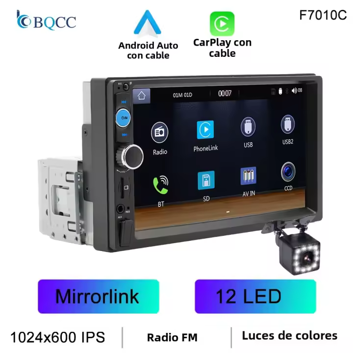 BQCC Estéreo De Coche 1Din 7" Pantalla Táctil HD IPS Con Luces Coloridas Carplay Wired Android Auto Mirrorlink TF FM BT USB Multimedia Universal - 1