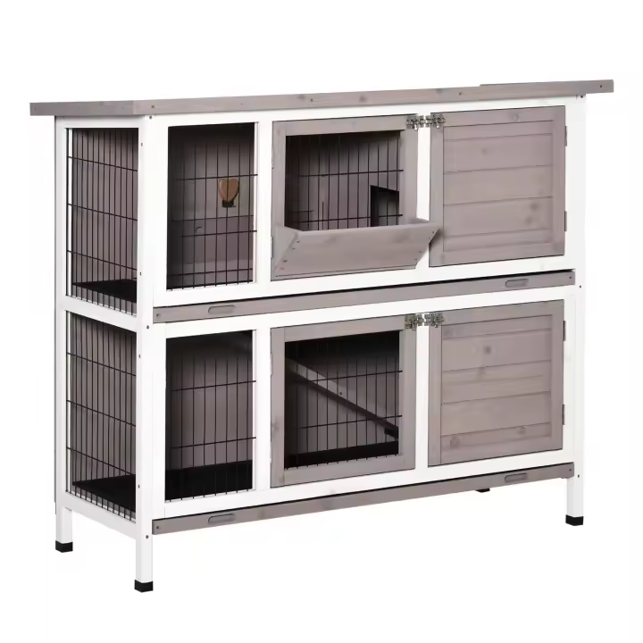 PawHut Jaula Exterior de Madera de 2 Niveles para 1-2 Conejos con Comedero de Techo Puertas con Cerradura 122x50x101 cm Marrón - 1