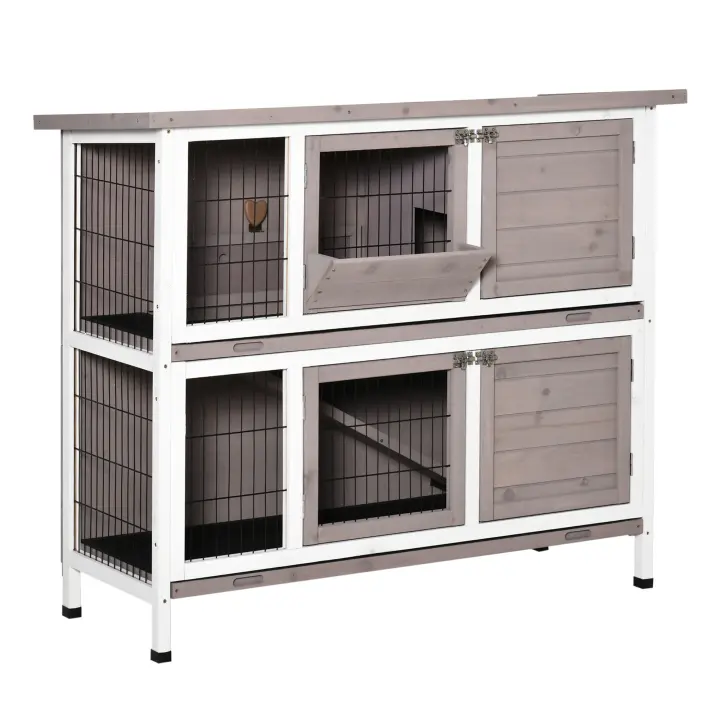 PawHut Jaula Exterior de Madera de 2 Niveles para 1-2 Conejos con Comedero de Techo Puertas con Cerradura 122x50x101 cm Marrón - 1