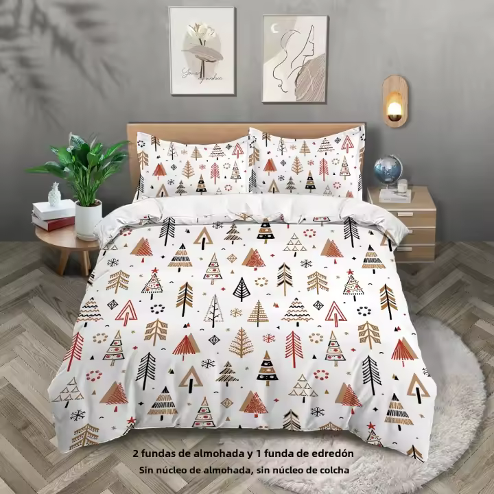 Juego De Cama Navideño 3 Piezas Con Patrón De Árbol De Navidad (1 Funda De Edredón + 2 Fundas De Almohada) Set De Algodón Suave Y Cómodo - 1