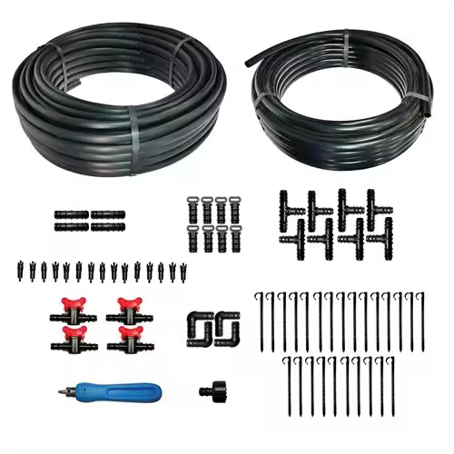 DRIPALIA - Kit de riego con 50 mt tubería 16 con goteros de 4 l cada 33 cm + 25 mt sin gotero + 15 goteros + 54 accesorios + 1 sacabocados - 1