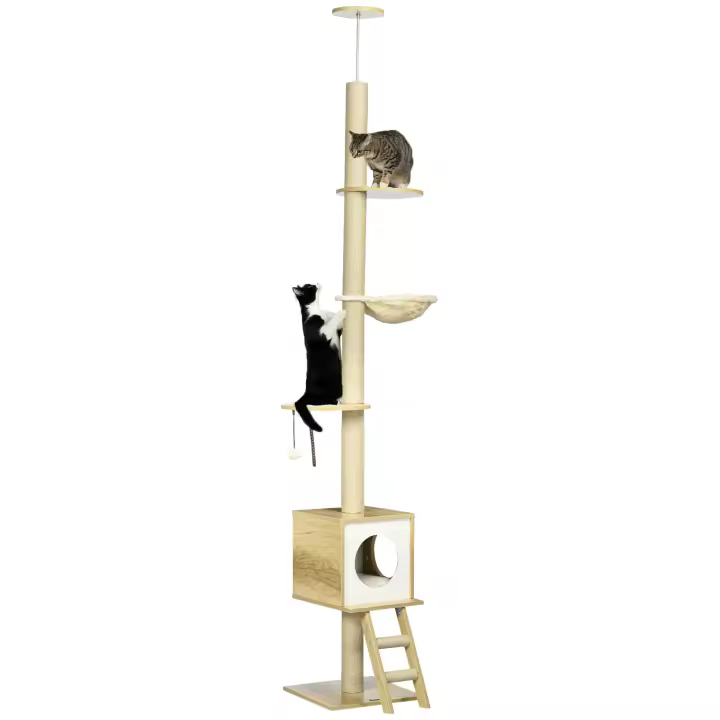PawHut Rascador para gatos, altura del techo, 240-260 cm, árbol trepador con casa para gatos, postes de cuerda de yute, hamaca, escalera para gatos, pelota de juego, muebles para gatos, árbol para gatos, protección contra puntas, beige + marrón claro - 1