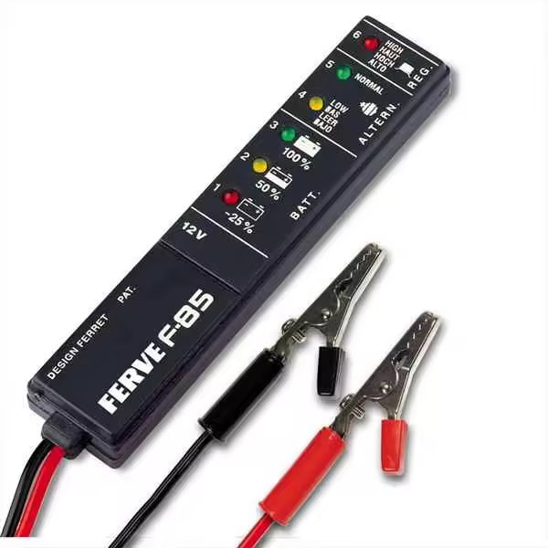 Ferve Comprobador de Baterías  F-85 - Alternadores y Reguladores - 12V - LED Indicadores - Conexión Pinzas - 1