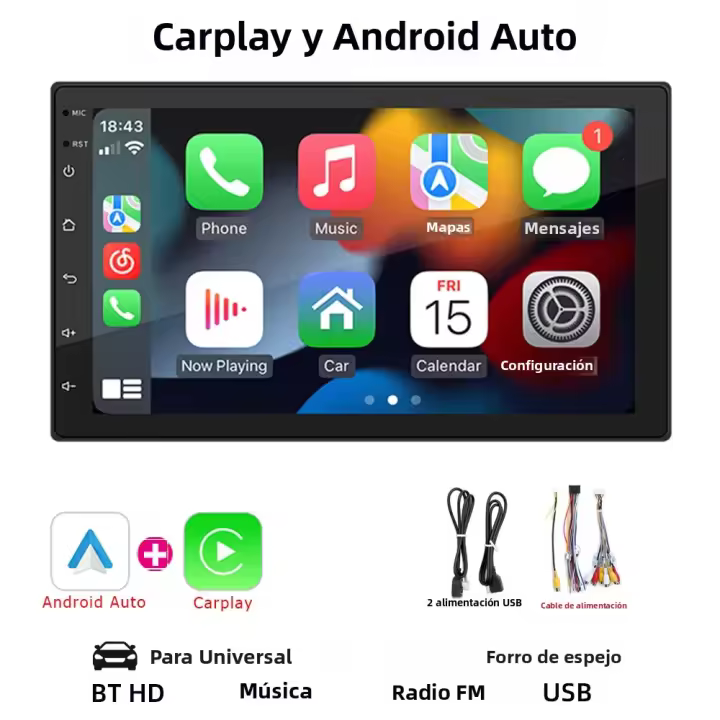 Reproductor Multimedia Para Coche HIPPBQCC 7 Pulgadas Con Carplay Android Auto Pantalla Táctil HD Bluetooth 2 USB FM Mirror-Link Universal - 1