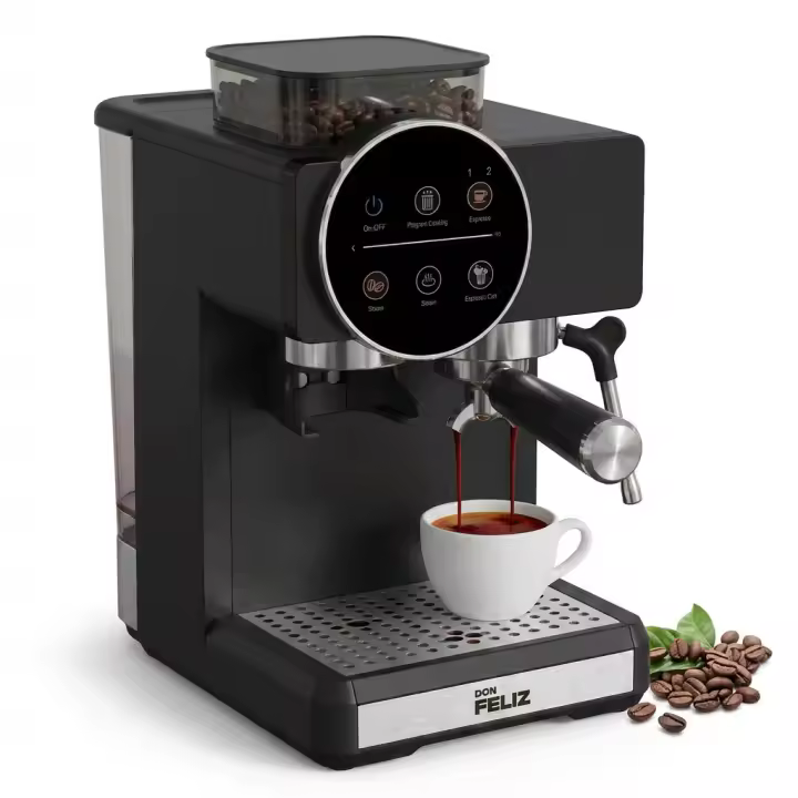 Máquina de café superautomática con Molinillo Integrado 20 Bar 1350W, Cafetera con Tolva de Granos 100g, Depósito 1.8L, Portafiltro 51mm, Vaporizador de Leche, Espresso Frío y Caliente, Cappuccino, Doble Espresso, Don Feliz - 1