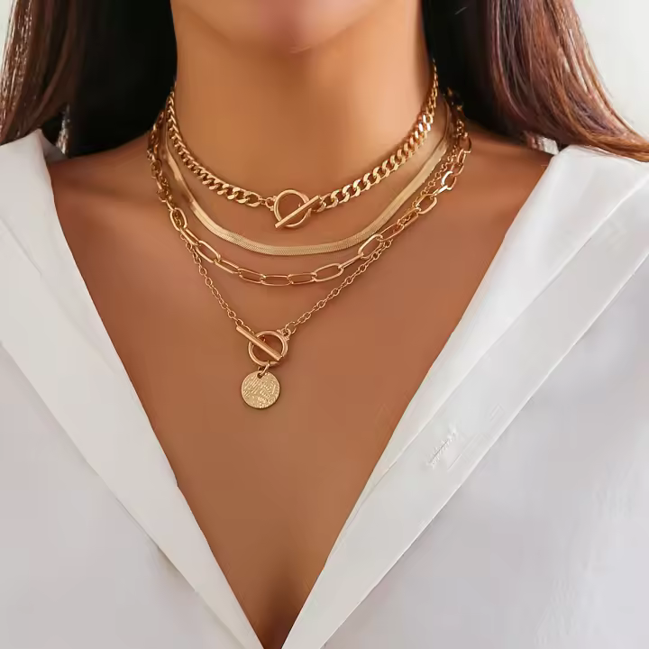 IngeSight.Z Vintage 4pcs/set Collar De Mujer Punk Con Colgante Redondo Y Cadena De Serpiente Cubana Choker De Color Oro Plata - 1