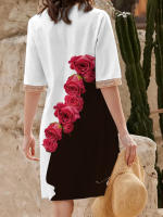 Vestido Corto Impreso Verano Con Cuello V Y Encaje Talla Grande Hasta La Rodilla Para Mujer Estilo Casual Polyester - details 7