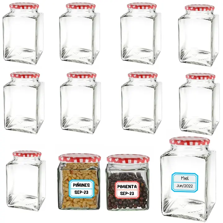 MundoTarros - Tarros de Cristal Cuadrados con Tapas Metálicas Herméticas de 120ml + Ebook de regalo con 102 recetas para realizar en tarros - Incluye Etiquetas - Tarritos Ideales para Mermeladas, Miel, Especias, Cremas - Frascos Cuadrados Resistentes (12) - 1