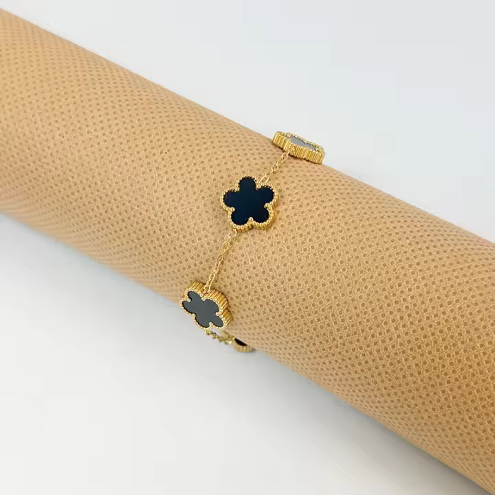 Pulsera Ajustable De Acero Inoxidable Con Doble Lado Y Cinco Hojas De Four Leaf Gold Plated Para Mujer Joyería De Moda - 1