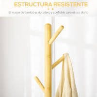 HOMCOM Perchero de Pie de Bambú Perchero de Entrada Recibidor con 8 Ganchos para Colgar Ropas Bolsas Perchero en Forma de Árbol Ø37,8x175,6 cm Natural y Gris - details 2