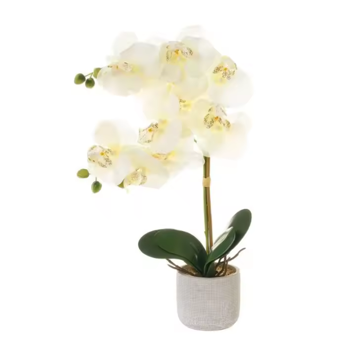 Dcasa Planta artificial orquídea de tela blanca en maceta de cemento de 31x11x50 cm - 1