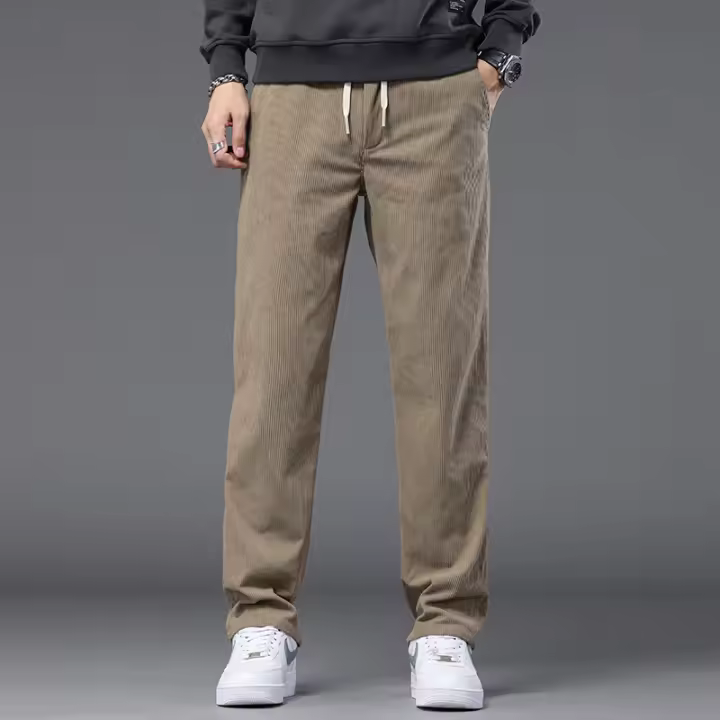 Pantalones De Corduroy Recto Para Hombre En Caqui Negro Gris Con Cintura Elástica Estilo Casual Suave Y Elástico Talla Baggy - 1