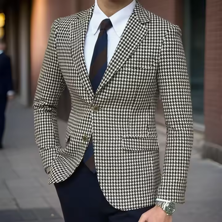 Chaqueta De Invierno Para Hombre 2024 Estilo Clásico Con Punto Houndstooth Corte Slim Con Dos Aberturas Lateral Moda Casual - 1
