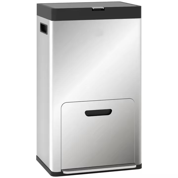 HOMCOM Cubo de basura rectangular con pedal, 56L, cubo de basura para cocina, 3 compartimentos, cierre suave, acero inoxidable antihuellas, cubo con ruedas, cubo interior extraíble, color plata - 1