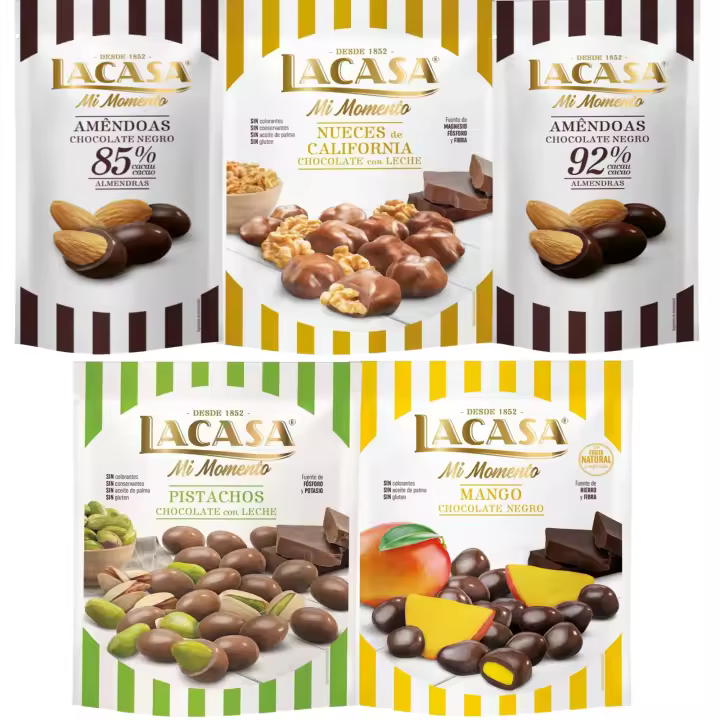 Lacasa Mi Momento pack de 5:Almendra 92% ,Almendra 85% ,Nueces Chocolate Leche ,Pistacho Chocolate Leche ,Mango Chocolate Negro - 1