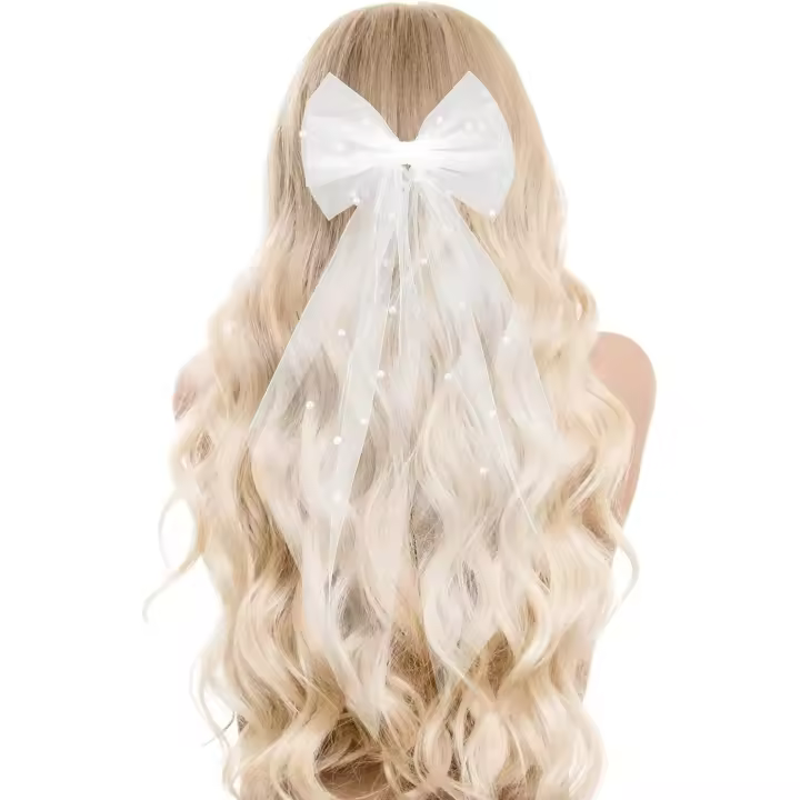 Lazo de novia con velo de perla blanca, pinza para el pelo para decoración de despedida de soltera, pinza para el pelo con mariposas para mujeres y niñas (blanco), 40 cm - 1