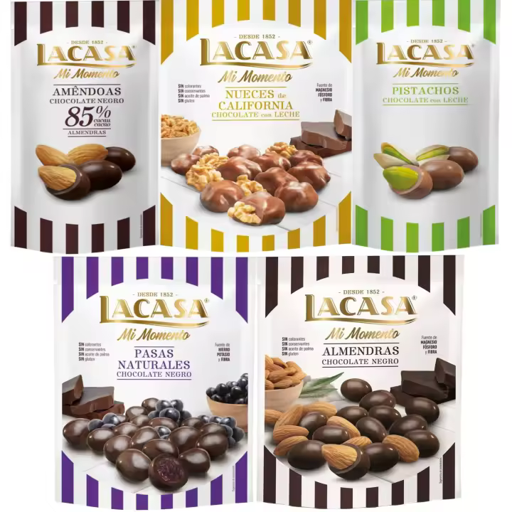 Lacasa Mi Momento pack de 5:Pistacho Chocolate Leche,Almendra 85% ,Nueces Chocolate Leche ,Pasas Chocolate Negro ,Almendra Chocolate Negro - 1