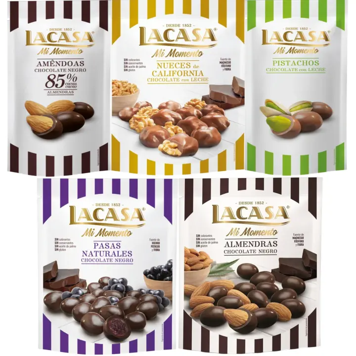 Lacasa Mi Momento pack de 5:Pistacho Chocolate Leche,Almendra 85% ,Nueces Chocolate Leche ,Pasas Chocolate Negro ,Almendra Chocolate Negro - 1