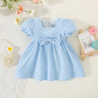 Vestido De Verano Para Bebé Niña En Color Sólido Con Cuello Redondo Y Lazo Para Uso Diario De Longitud De Rodilla - details 2