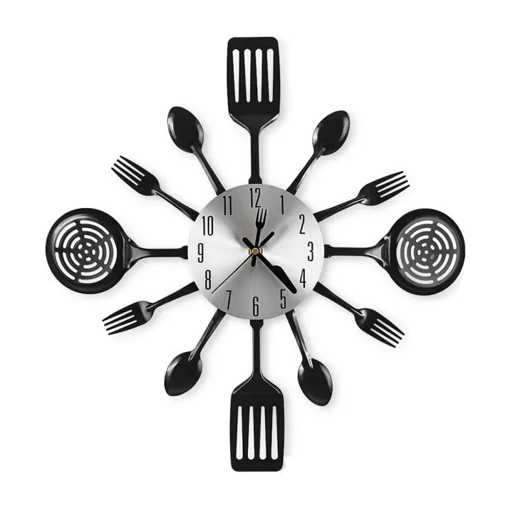Reloj de Pared Grande para Cocina de 16 Pulgadas con Cucharas y Tenedores Diseño 3D Decoración de Habitación y Hogar Color Negro - 1