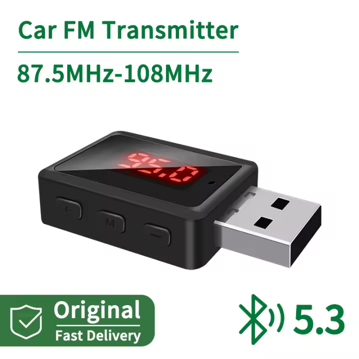 Transmisor FM con Bluetooth 5,3 para coche, dispositivo con micrófono, manos libres, receptor de Audio estéreo sin pérdidas, música, pantalla LED, adaptador inalámbrico USB - 1