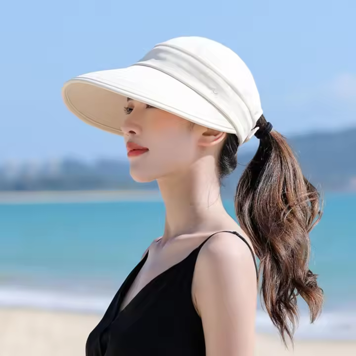 Sombrero De Verano Para Mujer Con Pico Ancho Y Protección UV Ajustable Capa Vacía Desmontable Para Cabello En Forma De Cola Sombrero Casual Plegable - 1