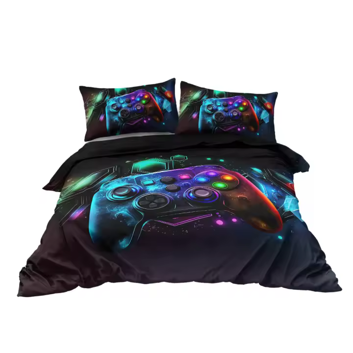 Juego De Cama Nenon Con Joystick 3 Piezas Estilo Retro Para Gamer Funda De Edredón Y Almohadas Geométricas Hexagonales Modernas Y Confortables Para Todas Las Estaciones - 1