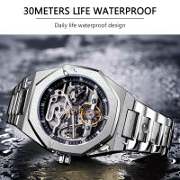 Reloj Automático Casual Forsining Para Hombre Con Diamante 3D Esqueleto Hueco Luminoso Militar Torbillón De Acero Inoxidable - details 3