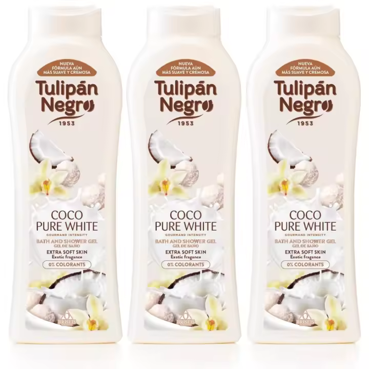 TULIPAN NEGRO, Gel de Baño y Ducha Coco Pure White 650ml (Pack de 3x650ml), Tulipán Negro de la Línea Gourmand Intensity, Máxima Hidratación y Suavidad para la Piel, Propiedades Humectantes, Fragancia Exótica y Envolvente, Olor Tropical a Coco - 1