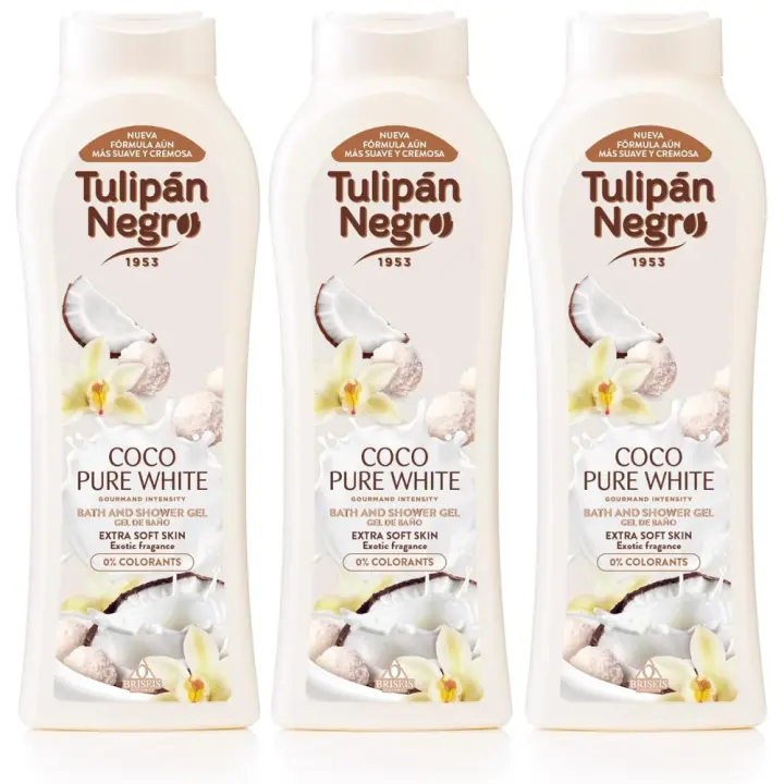 TULIPAN NEGRO, Gel de Baño y Ducha Coco Pure White 650ml (Pack de 3x650ml), Tulipán Negro de la Línea Gourmand Intensity, Máxima Hidratación y Suavidad para la Piel, Propiedades Humectantes, Fragancia Exótica y Envolvente, Olor Tropical a Coco - 1