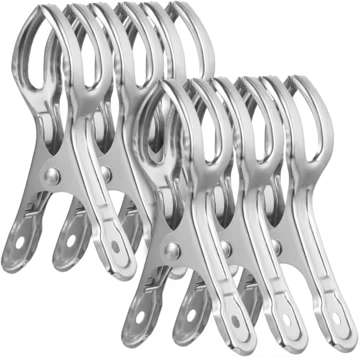 Pinzas de acero inoxidable para toallas de playa, 6 unidades de 8,5 cm, resistentes al viento, para ropa pesada y lavado, color plateado - 1