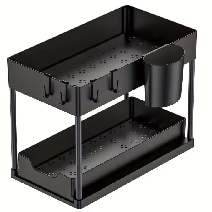 Organizador debajo del fregadero, paquete de 2, organizador de gabinete de baño, cajón organizador de cesta de gabinete deslizante de 2 niveles, cestas de colección de baño multiusos para baño (negro) - 1