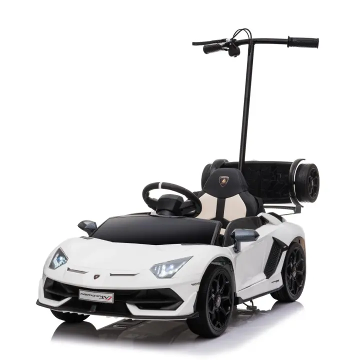 INJUSA - Coche Eléctrico Infantil 12V Lamborghini Aventador SVJ, Coche para Niños +3 Años,  con Patín y Mango Parental Incluido, Luces LED, Sonidos, Mp3, Marcha Atrás, Puertas Abatibles, Velocidad Máxima 5 km/h, Color Blanco - 1