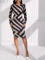Vestido Elegante De Bandas Colores Para Mujer Verano Otoño Largo Manga Completa Estilo Casual Slim Ajustado Cuello Redondo - details 3