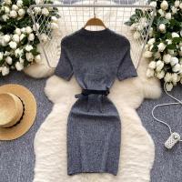 New Chic Fashion Belt Wrap Hips Sweater Dress Knitted Slim Waist Bodycon Dress for Women Elegant Office Casual above Knee - details 6