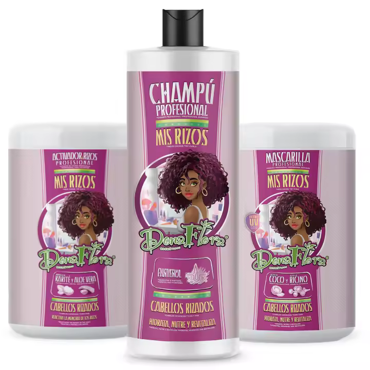 Pack Dona Flora Total Mis Rizos: Champú 1000ml + Mascarilla Capilar 1000ml  + Activador 1000ml - Control y definición de rizos - Pantenol y Queratina  - Vendido por Beauty World Distributor - 1