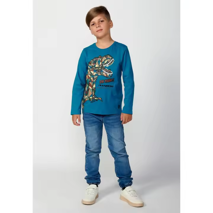 Koroshi Camiseta de manga larga de Algodón de Cuello redondo con Estampado delantero de Dinosaurio color Petróleo para Niño - 1