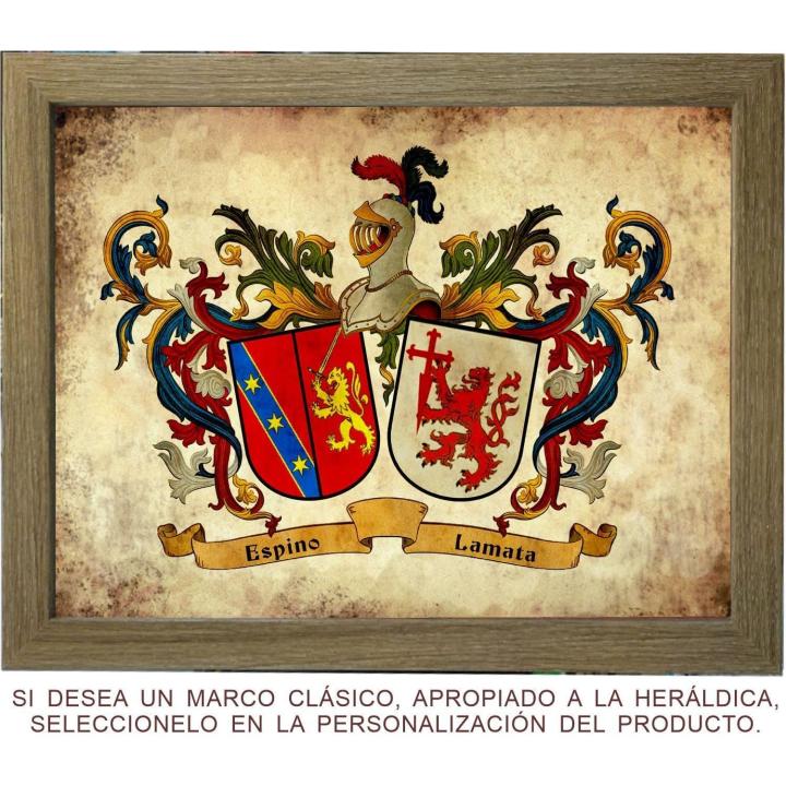 Cuadro escudos heráldicos de 2 apellidos con sus escudos. Fondo envejecido tipo pergamino antiguo. Marco clásico sobrio. Es necesario que nos indiques los apellidos. Ponte en contacto por chat o whatsapp (Telef. 626243788). Heraldys