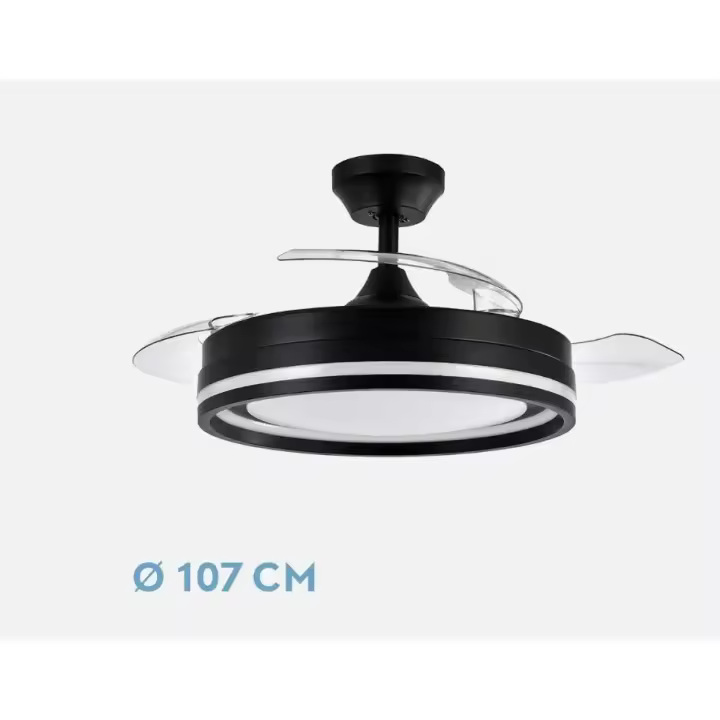 FABRILAMP PREMIUM Ventilador Dc Cerrato NEGRO 72w 3aspas Desplegables 107d 7200lm 6vel 3000k,4500k,6000k, Remoto+temporizador+memoria Incluye mando a distancia y dos tijas de 10 y 25 centímetro Productos originales calidad de confianza - 1