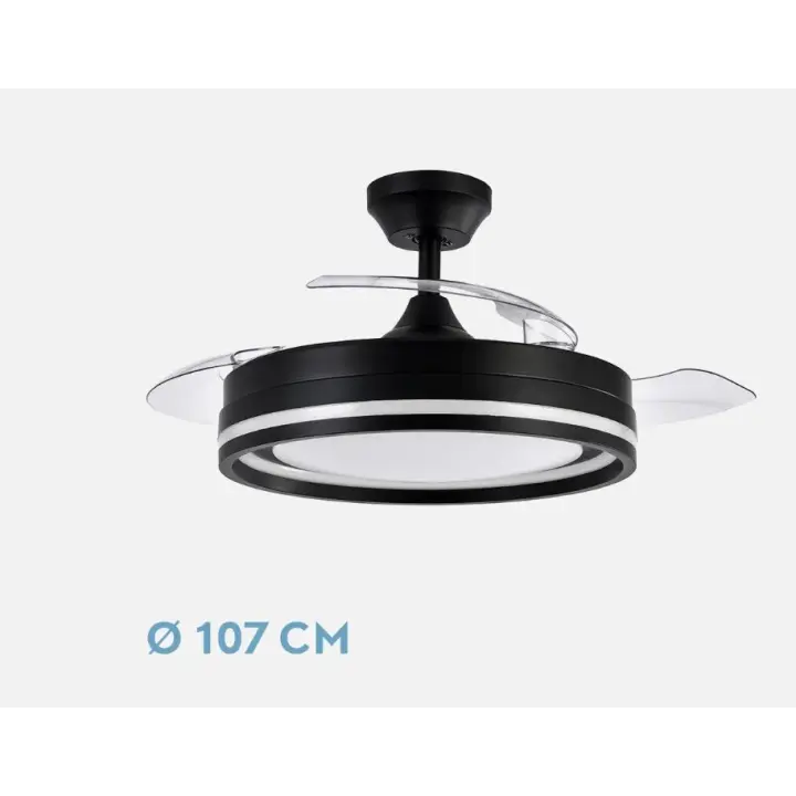 FABRILAMP PREMIUM Ventilador Dc Cerrato NEGRO 72w 3aspas Desplegables 107d 7200lm 6vel 3000k,4500k,6000k, Remoto+temporizador+memoria Incluye mando a distancia y dos tijas de 10 y 25 centímetro Productos originales calidad de confianza - 1